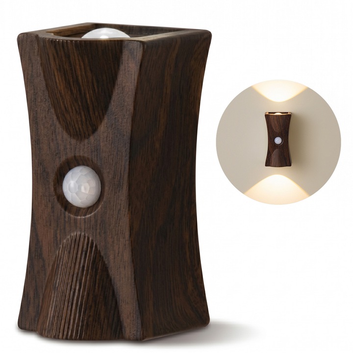 Lampa de Veghe LED cu Senzor de Miscare, Ultrixe, 1200mAh Reincarcabila, Fibre de Lemn, Baza Magnetica, Usor de Instalat, Pentru dressing, holuri, scari, camera copilului, Lumina Calda, Maro Cafea