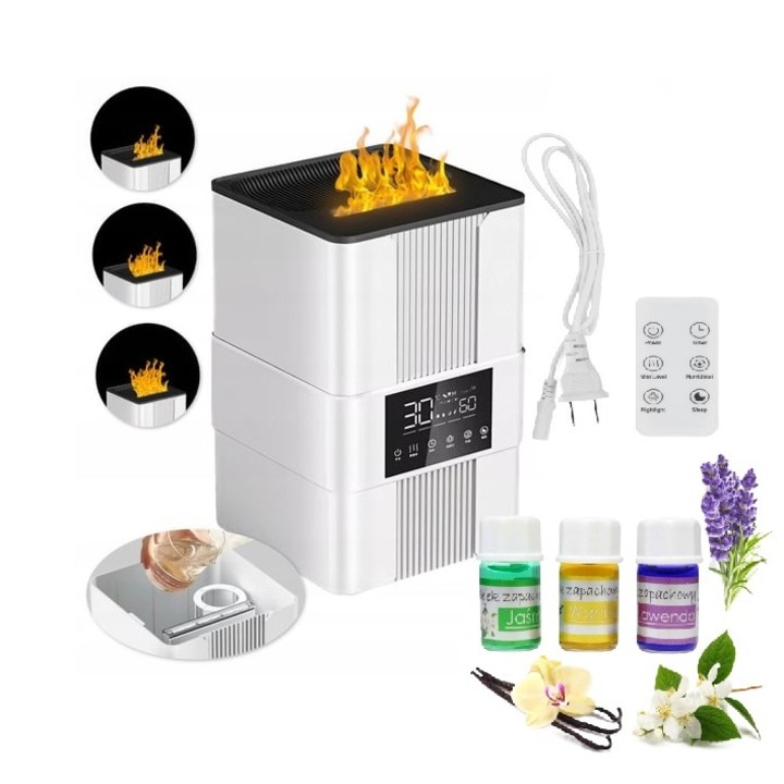 Set umidificator aromaterapie si 3 uleiuri esentiale, Zola, efect semineu, 25W, 300 ml/h, rezervor 3.5 l, 5 trepte functionare 40-90 RH%, temporizator 1-8 h, afisaj LCD, 18 x 18 x 29 cm, alb