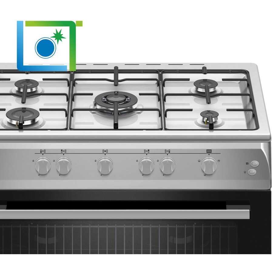 Aragaz Nobeltek NLT 6903IX/G1, plita gaz cu 5 ochiuri (arzator mare triplu), cuptor gaz(102l), aprindere electrica, grill, iluminare cuptor, echipat cu diuze GN, diuze GPL de schimb, 60 x 90cm, Inox