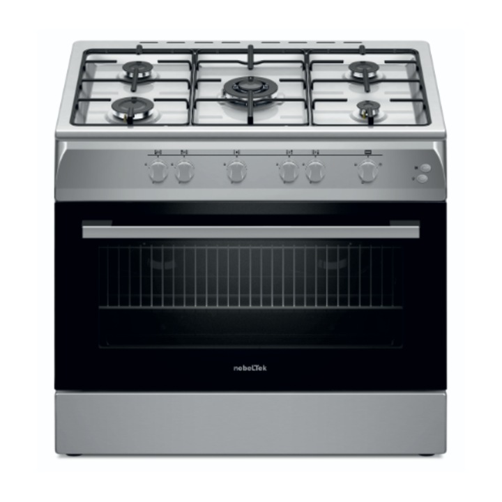 Aragaz Nobeltek NLT 6903IX/G1, plita gaz cu 5 ochiuri (arzator mare triplu), cuptor gaz(102l), aprindere electrica, grill, iluminare cuptor, echipat cu diuze GN, diuze GPL de schimb, 60 x 90cm, Inox