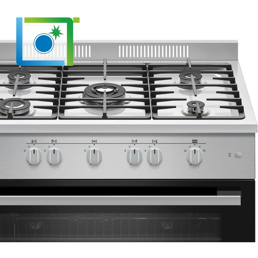 Aragaz semi-profesional Nobeltek NLT SP6903IX/FG1, plita gaz cu 5 ochiuri (arzator mare triplu), cuptor gaz (102l), aprindere electrica, grill, rotisor, echipat cu diuze GN, diuze GPL de schimb, 60 x 90cm, inox