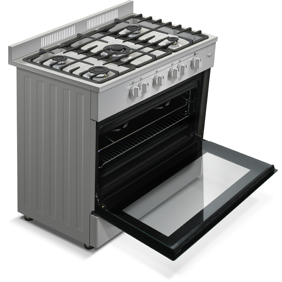 Aragaz semi-profesional Nobeltek NLT SP6903IX/FG1, plita gaz cu 5 ochiuri (arzator mare triplu), cuptor gaz (102l), aprindere electrica, grill, rotisor, echipat cu diuze GN, diuze GPL de schimb, 60 x 90cm, inox