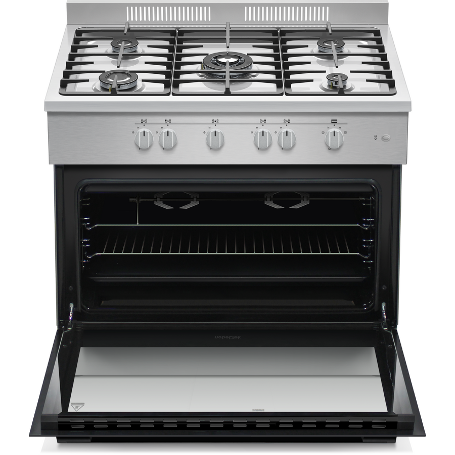 Aragaz semi-profesional Nobeltek NLT SP6903IX/FG1, plita gaz cu 5 ochiuri (arzator mare triplu), cuptor gaz (102l), aprindere electrica, grill, rotisor, echipat cu diuze GN, diuze GPL de schimb, 60 x 90cm, inox