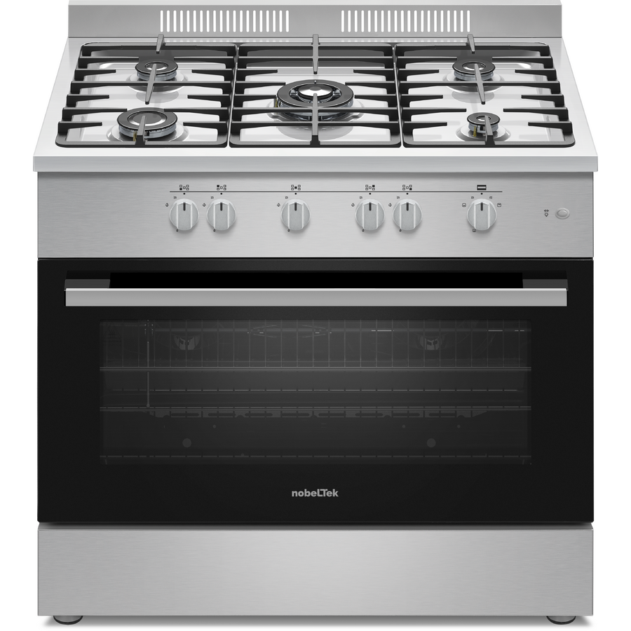 Aragaz semi-profesional Nobeltek NLT SP6903IX/FG1, plita gaz cu 5 ochiuri (arzator mare triplu), cuptor gaz (102l), aprindere electrica, grill, rotisor, echipat cu diuze GN, diuze GPL de schimb, 60 x 90cm, inox