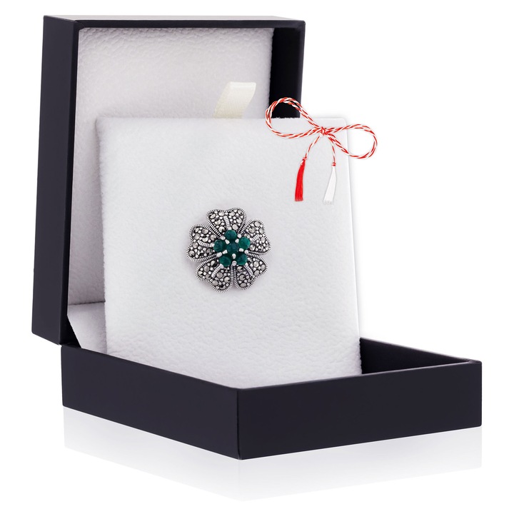 Brosa Argint 925 Floare cu Petale Inimioare - Jade