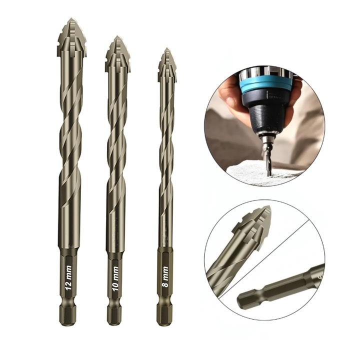 Set de 3 burghie excentrice Algoshop, multifunctionale, rezistente la rugina, cu acoperire din titan