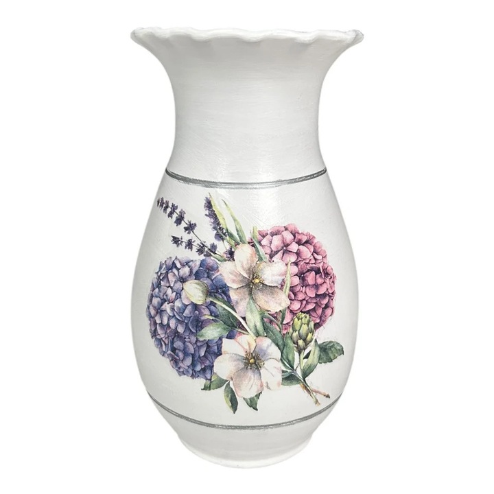 Vaza alba, lavanda, hortensie, ceramica, Marginea