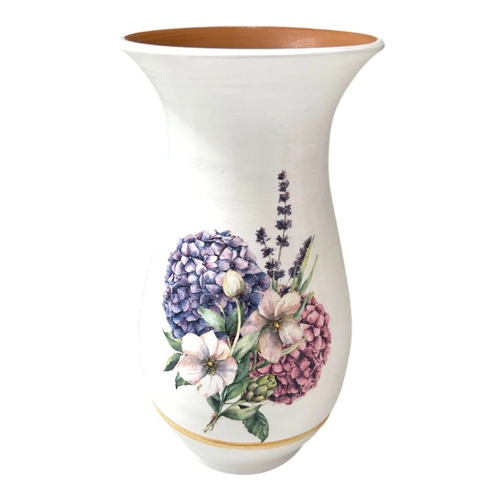 Vaza ceramica alba cu liliac si detalii aurii, lucrata manual la Marginea, 25 cm