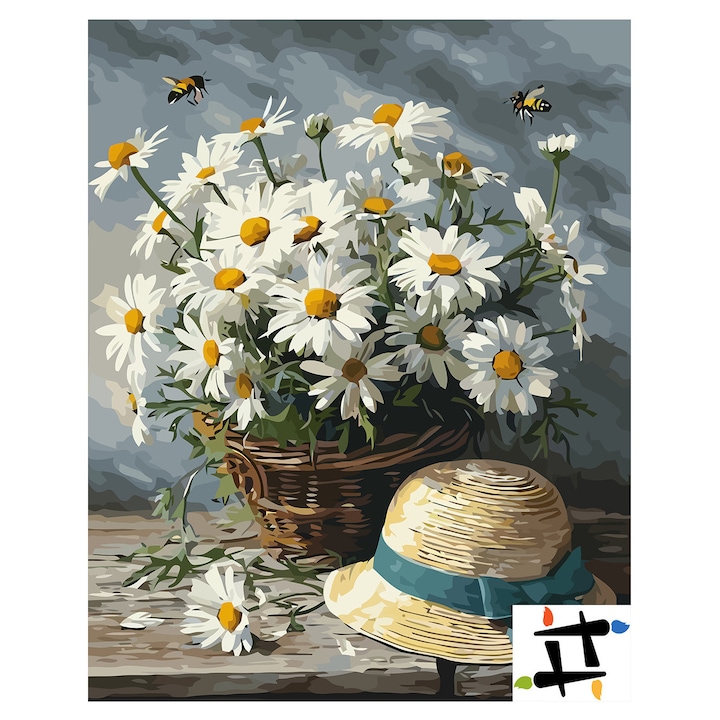 Set pictura pe numere Country Daisies 6503, panza bumbac pe rama lemn, 40x50 cm, tablou cu schita, 3 pensule si vopsea acrilica
