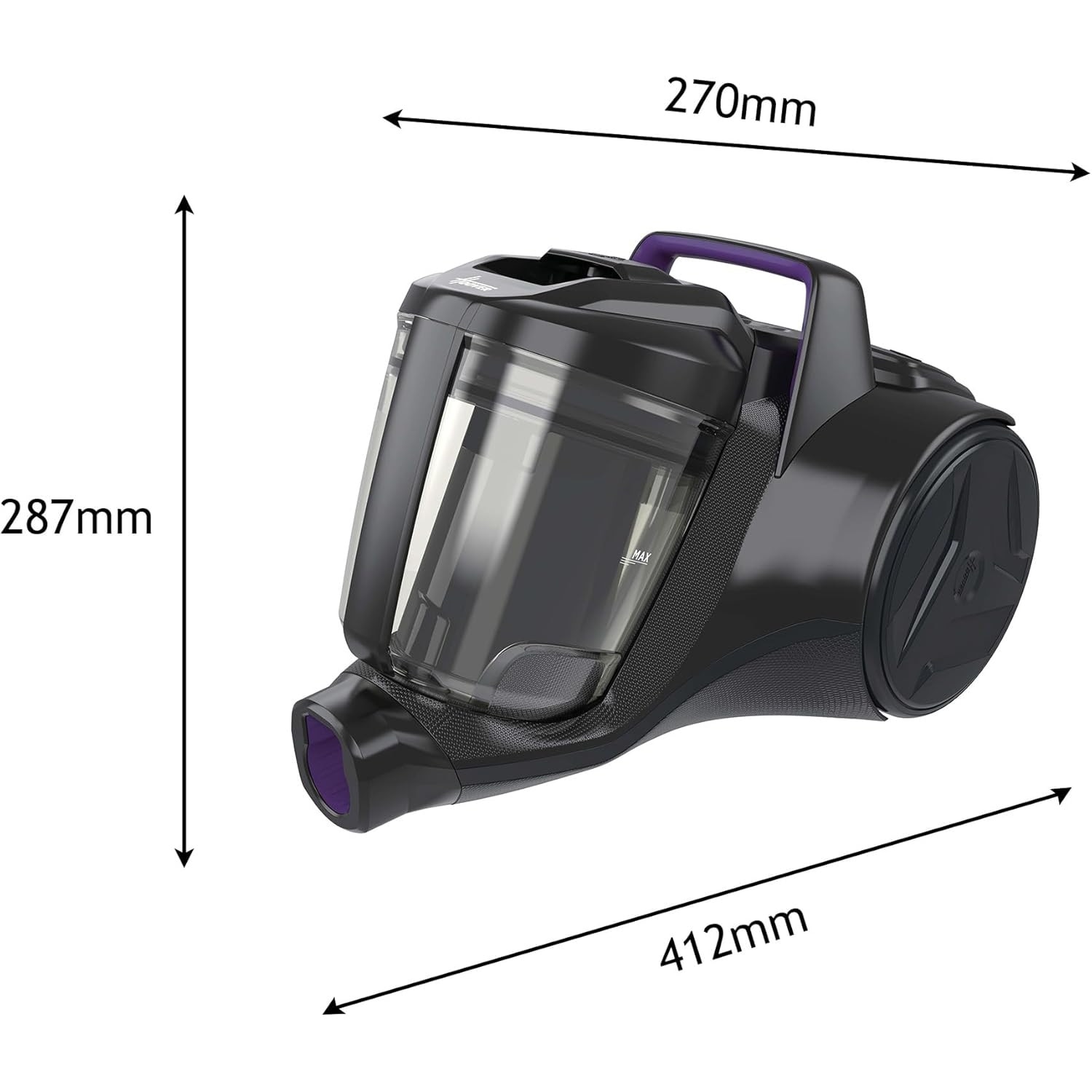 Hoover HP1 – aspirator fara sac, puternic, cu recipient de 2 L, filtru de praf EPA, accesorii integrate, raza de actiune de 7, 5 m, ideal pentru pardoseli dure si covoare [HPZ107HM], negru