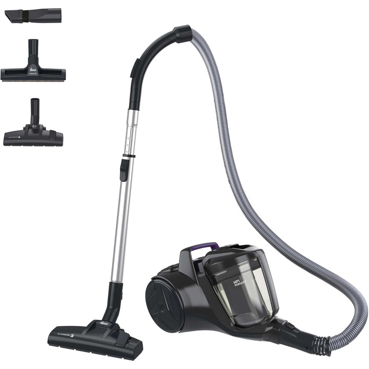 Hoover HP1 – aspirator fara sac, puternic, cu recipient de 2 L, filtru de praf EPA, accesorii integrate, raza de actiune de 7, 5 m, ideal pentru pardoseli dure si covoare [HPZ107HM], negru
