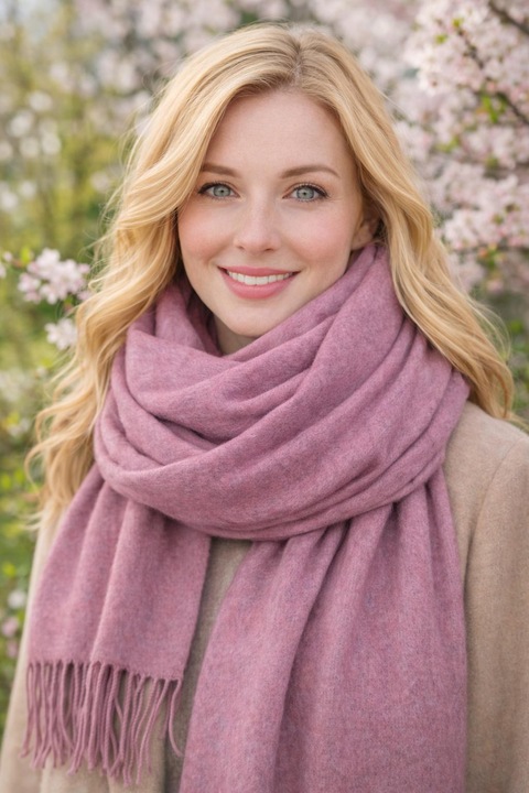 Sal din lana 100% cu franjuri – 70 x 180 cm, roz