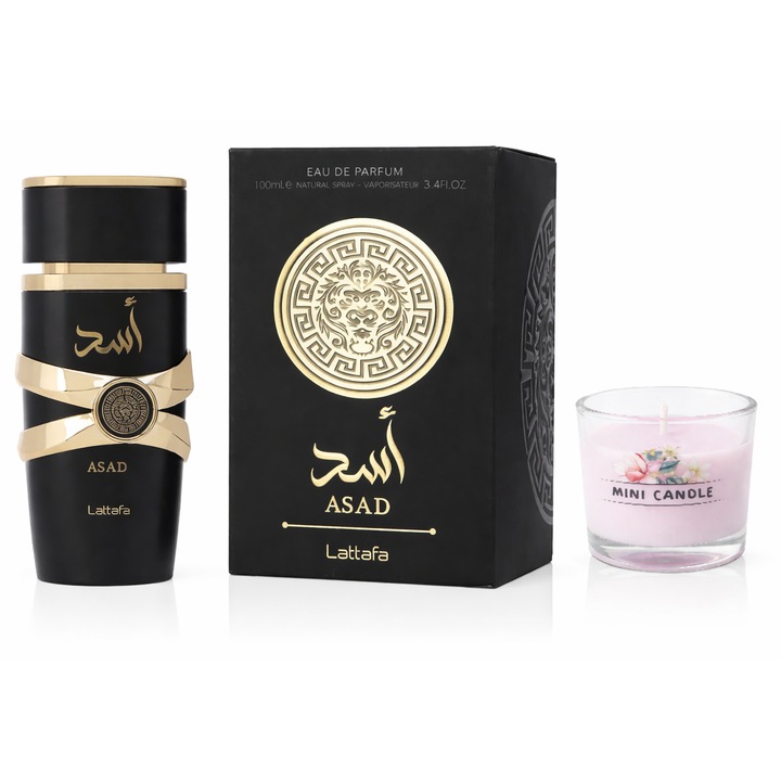 Set Apa de parfum Lattafa ASAD 100 ml, parfum arabesc de bărbat, note de fructe și condimente, cu lumânare parfumată
