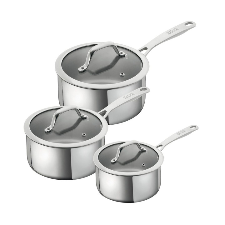 Set 3 cratite din otel inoxidabil Kuhn Rikon, Allround, 3 cratite cu capac 1.5/2.3/3.1 litri, 3 capace incluse, incalzire uniforma, capace etanse din sticla, ideal pentru supe/paste/sosuri/tocanite, efect antibacterian, inox