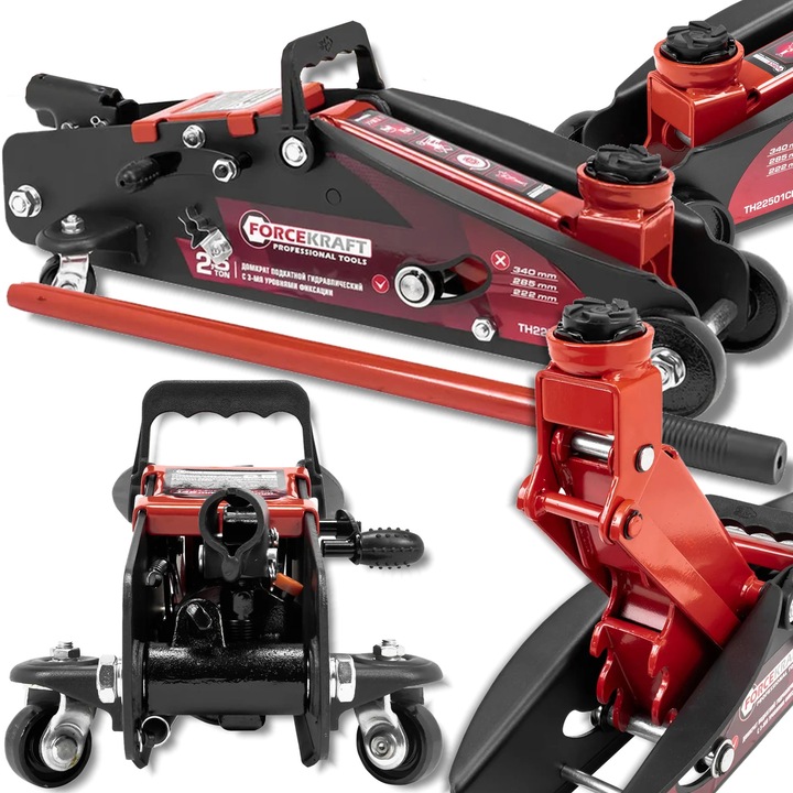 Elevator hydraulic FORCEKRAFT 2,5T, inaltime 140-387mm, 3 pozitii de blocare, 2 roti fixe + 2 roti pivotante