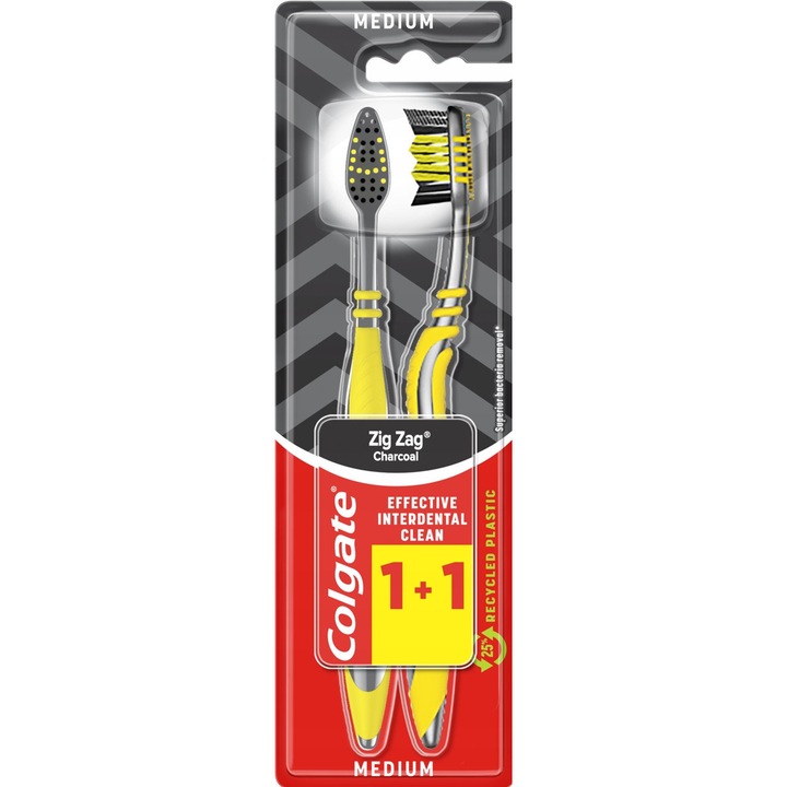 Colgate ZigZag Medium fogkefe, 1+1 szett, fekete színű, szénszálas, közepes