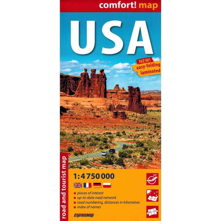 Harta laminata turistica si auto USA 1:4 750 000, ExpressMap, legende in 4 limbi, index localitati, plan Hawaii si Alaska