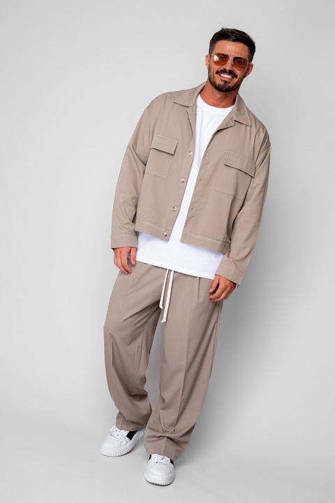 Set Jacheta cu buzunare si pantalon lung Beige 19801, Bej