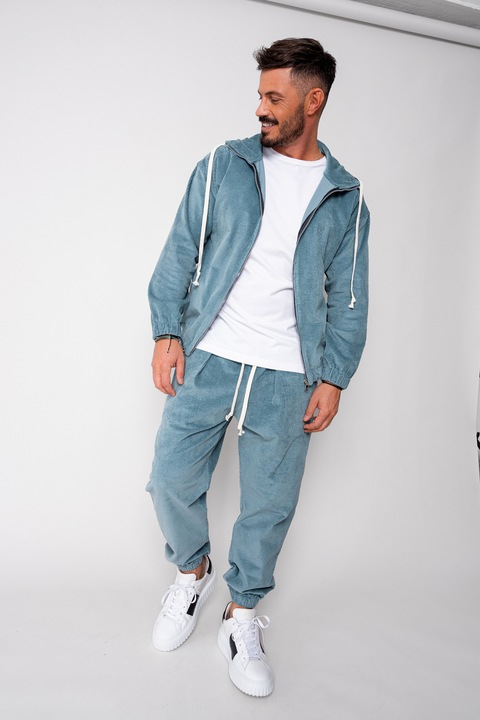 Set Hanorac cu fermoar si Pantalon Lung din reiat Corduroy Storm Blue 20003, Storm Blue