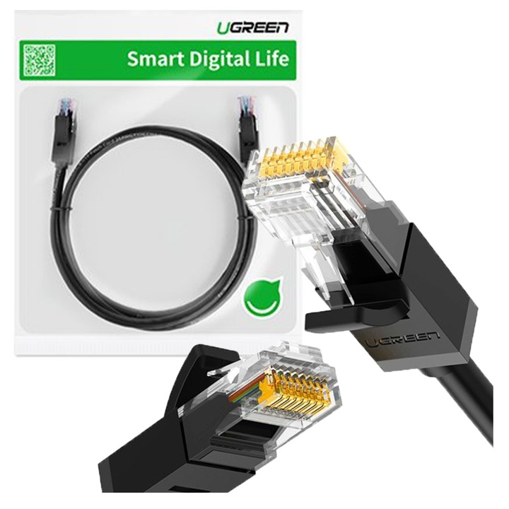 Ethernet кабел UGREEN NW102, Cat.6, 15м, RJ45, UTP, черен