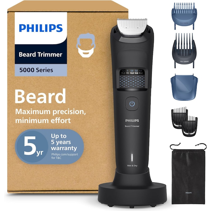 Тример за брада Philips Beard Trimmer серия 5000 - Самозаточващи се метални ножчета, 40 заключващи се настройки, технология BeardSense, събиране на окосмяване, 100% водоустойчив, гребен за избледняване, калъф за пътуване, модел BT5785/30