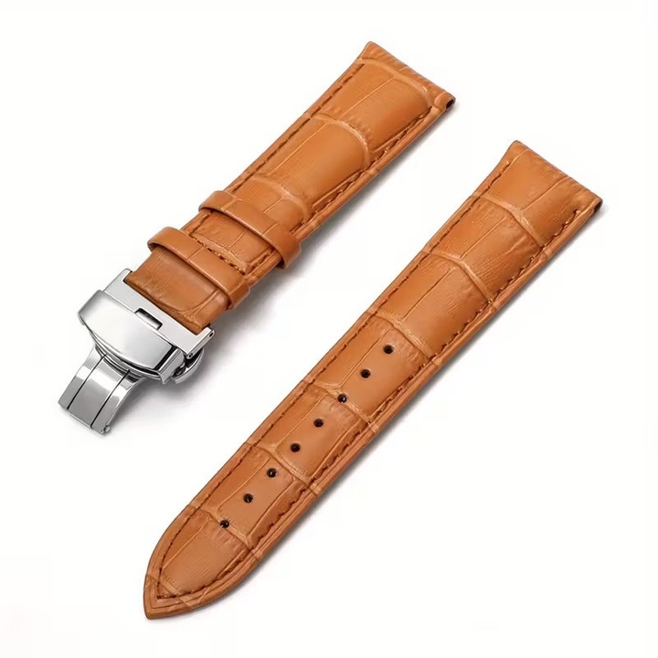 Curea ceas piele sarpe maro deschis +cusatura maro DEPLOYANT 24 mm