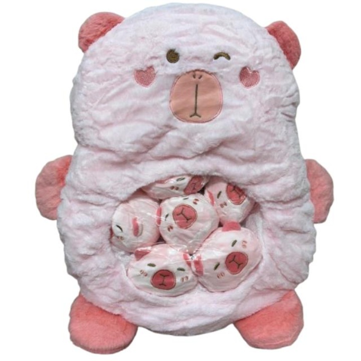 Jucarie tip perna de plus, Capybara, cu 6 puisori, roz, 50cm