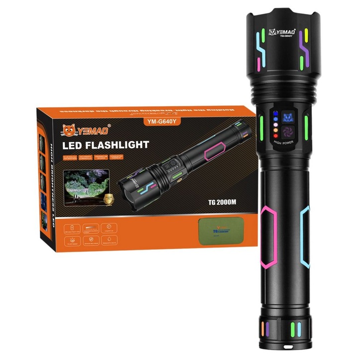 Lanterna cu raza lunga de actiune Virtual Trend®, YM-G640Y, 4000LM, baterie 33140, husa, alimentator, 15000 mAh