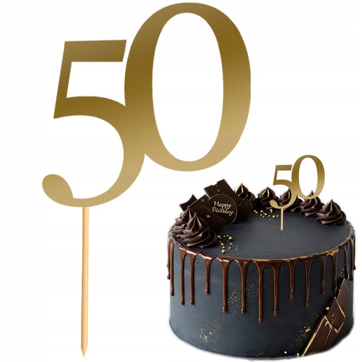 Topper tort 50, PartyPro, zloty, 10cm, set 1 buc.