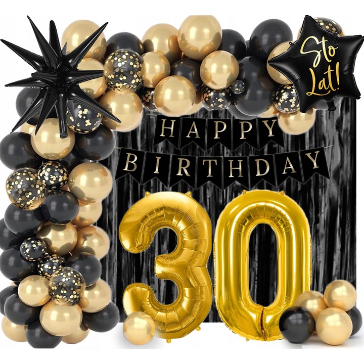 Set decorativ petrecere 30 ani, PartyPro, baloane aurii si negre, banner "Happy Birthday", 60 piese, 100x200 cm
