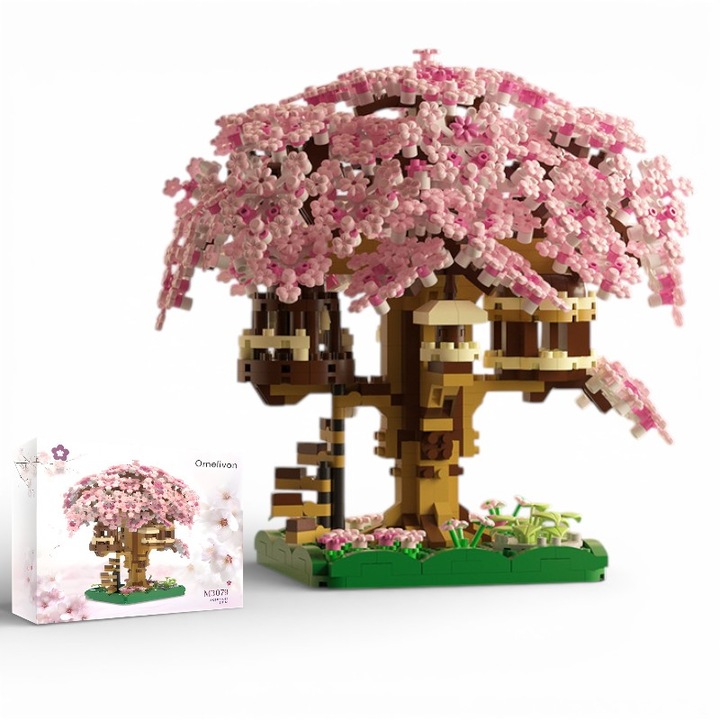 Set de construcție 3D Omelivon, micro blocuri tip diamant Sakura Tree, 1104 piese, cu lumini LED, decor multicolor