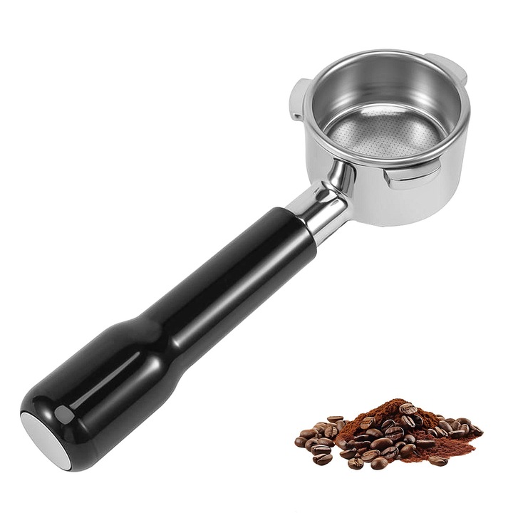 Portafiltru fara fund, qipuneky, Maner Negru, 51 mm, otel inoxidabil, Usor de curatat