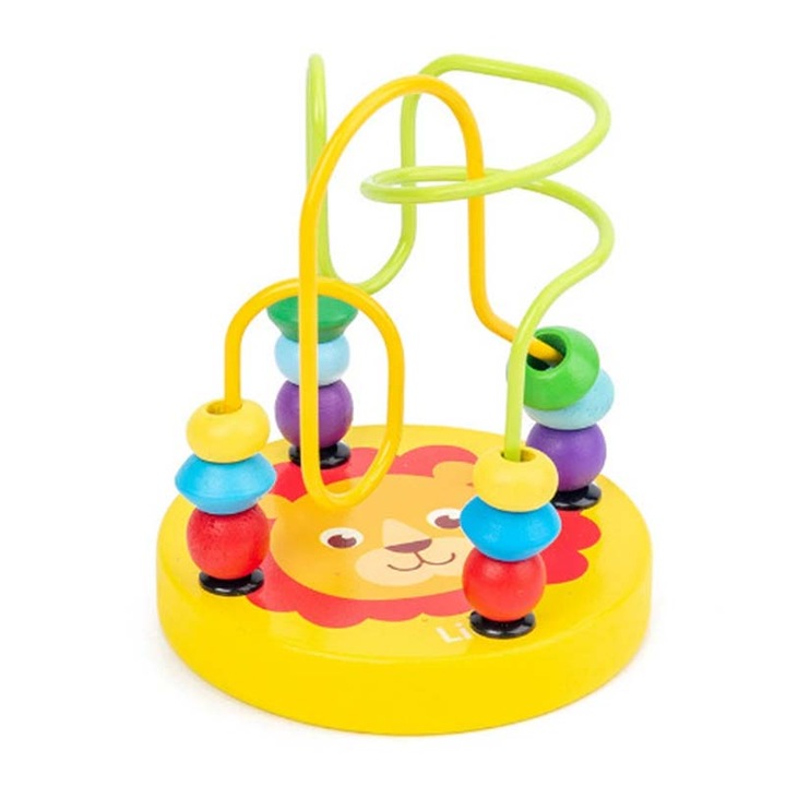 Jucarie educativa pentru bebelusi, labirint de margele si cuburi, model leu galben, 12x9cm, 1 buc