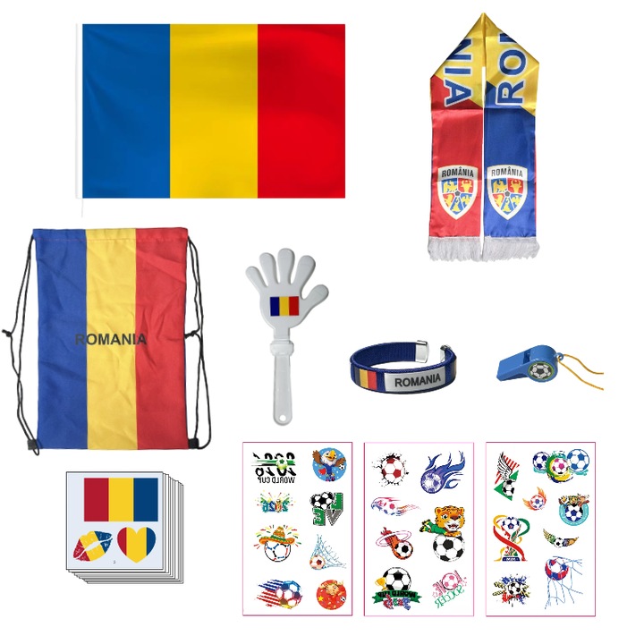 Set suporteri Romania CM 2026 – 19 piese: drapel, esarfa, rucsac, bratara, fluier, zanganeli, 13 autocolante