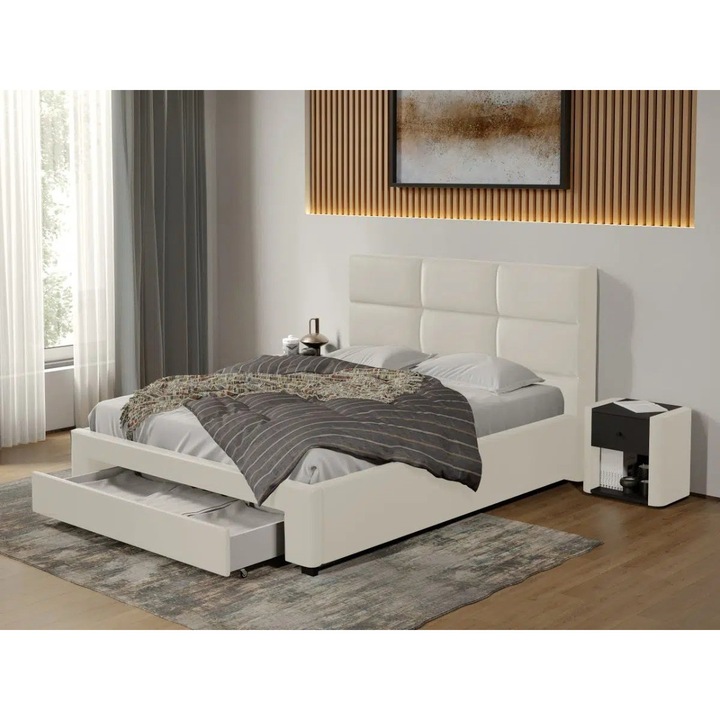 Pat tapitat Cico cu Sertar, 170x114, din piele/stofa, C1, Alb/Nube 1