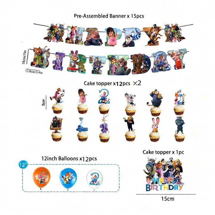 Vadonatállat témájú buli szett, 4 darabos, bannerek, nagy dísz, 24 kis dísz, 12 lufi, élénk színek