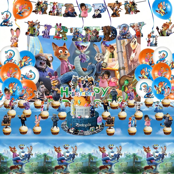 Set petrecere tematica animale salbatice, 7 piese (bannere + centru mare + 24 centre mici + 12 baloane + 6 panglici + fundal + fata de masa), culori vibrante.