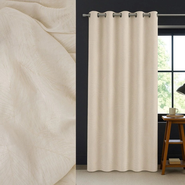 Бежова Декоративна Завеса с Модел Листа и Халки 140x260см