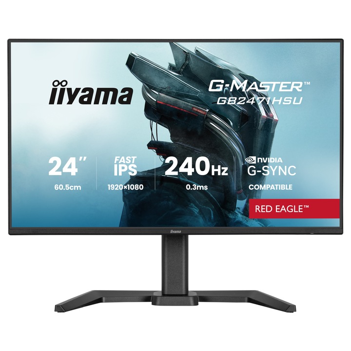 Монитор IIYAMA GB2471HSU-B1, 23.8'' Gaming monitor, Fast IPS panel, 16:9, FHD 1920 x 1080, 350cd/m2, 1000:1, 240Hz, 0.3ms, HDR 10, 2x HDMI, DP, 2x USB, Audio out, Speakers, Adaptive Sync, G-SYNC, HAS, Swivel, Tilt, Pivot, Flicker Free, VESA 1 GB2471HSU-B1