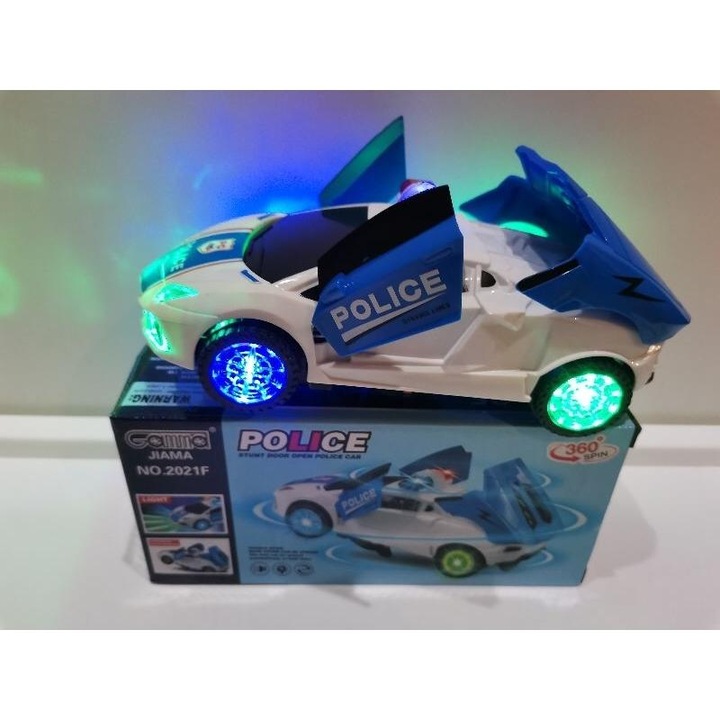 Rendőrautó nyitható ajtókkal, csomagtartóval, színes fényszórókkal és kerekekkel, 360 fokos forgás, 23 cm, 3 év+