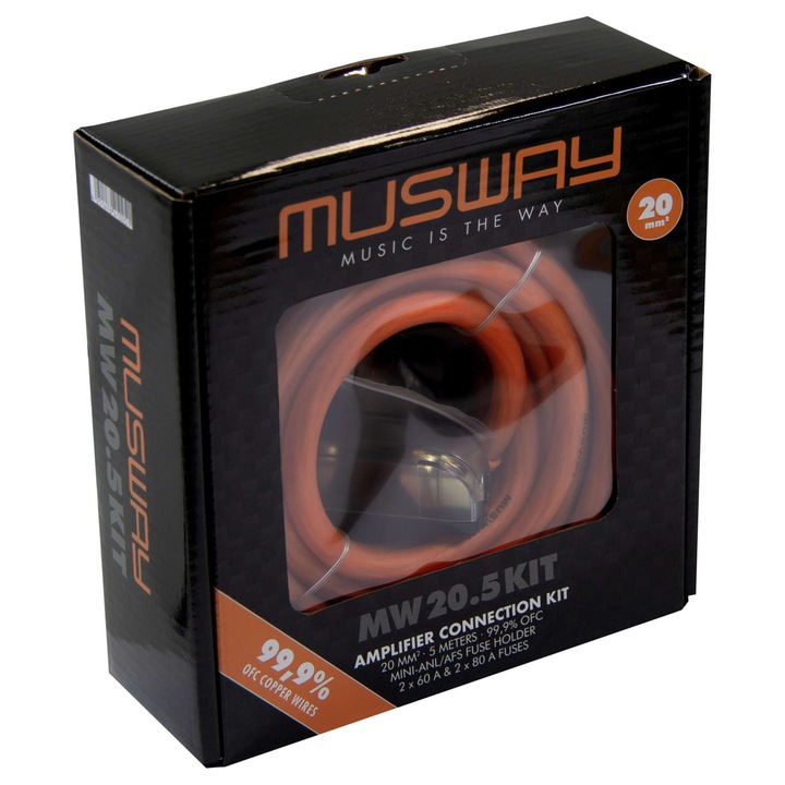 Set cabluri Musway MW20.5KIT, 5m alimentare portocalie, 1m masa argintie, 20mm, cu sigurante Mini-ANL