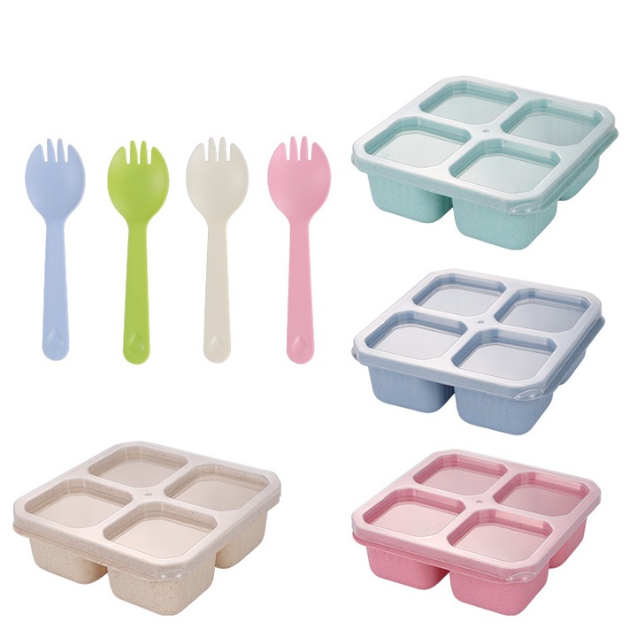 Set de 4 cutii alimentare, Golxmse, compartimentate, potrivite pentru gustari, dulciuri si pastrarea fructelor, 15.4x15.4x5.4cm, multicolor, include 4 furculite