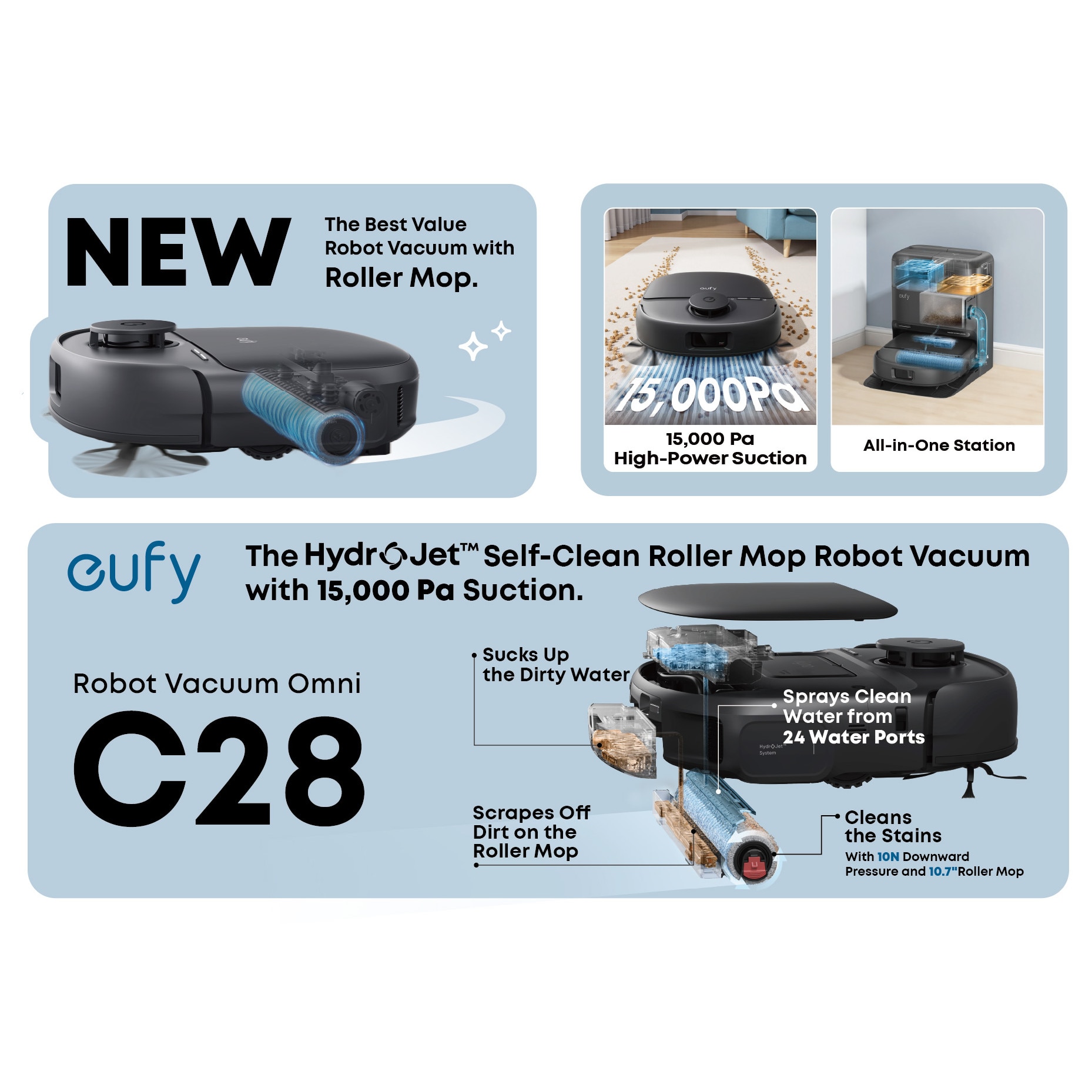 Aspirator robot eufy Omni C28 15.000 Pa, LDS+ Linear Laser Navigation, Rezervor de apa curata de 2.2L, Rezervor de apa murdara de 2.2L, Autonomie de 123 de min, Negru