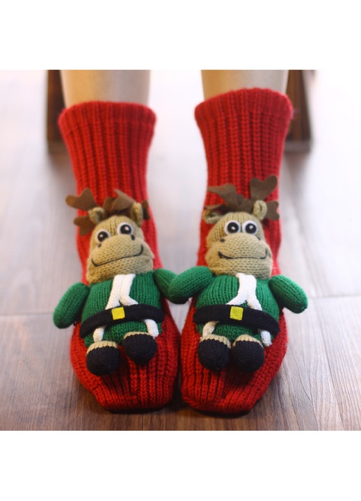 Sosete dama, design cu cerb, lana, antiderapante, set de iarna, rosu