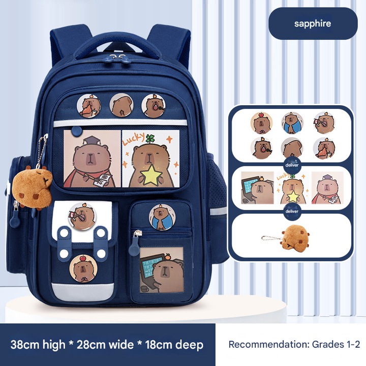 Iskolatáska Kapibara, nagy kapacitású, uniszex, királykék, kis méret, kártyával, jelvénnyel és plüss játékkal szettben