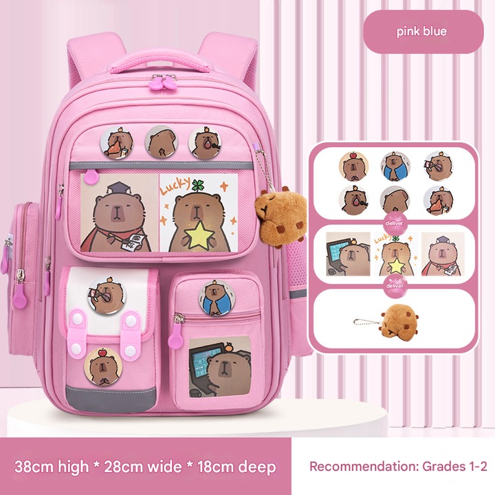 Iskolatáska Kapibala, uniszex, nagy kapacitású, rózsaszín, kis méretű, kártyával, jelvénnyel és plüssjátékkal.