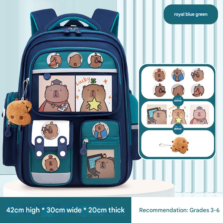 Iskolatáska Kapibala, uniszex, nagy kapacitású, zöld, szett kártyával, jelvénnyel és plüss játékkal