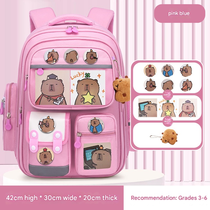 Iskolatáska Kapibara, uniszex, nagy kapacitású, rózsaszín, kártyával, jelvénnyel és plüssjátékkal