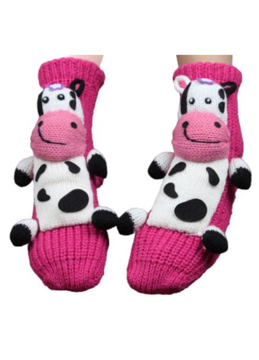 Sosete dama, roz rosu cu model vacuta, lana, antiderapante, pentru iarna