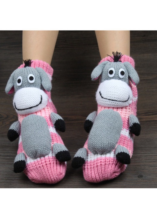 Sosete dama, design animale, roz, lana, antiderapante